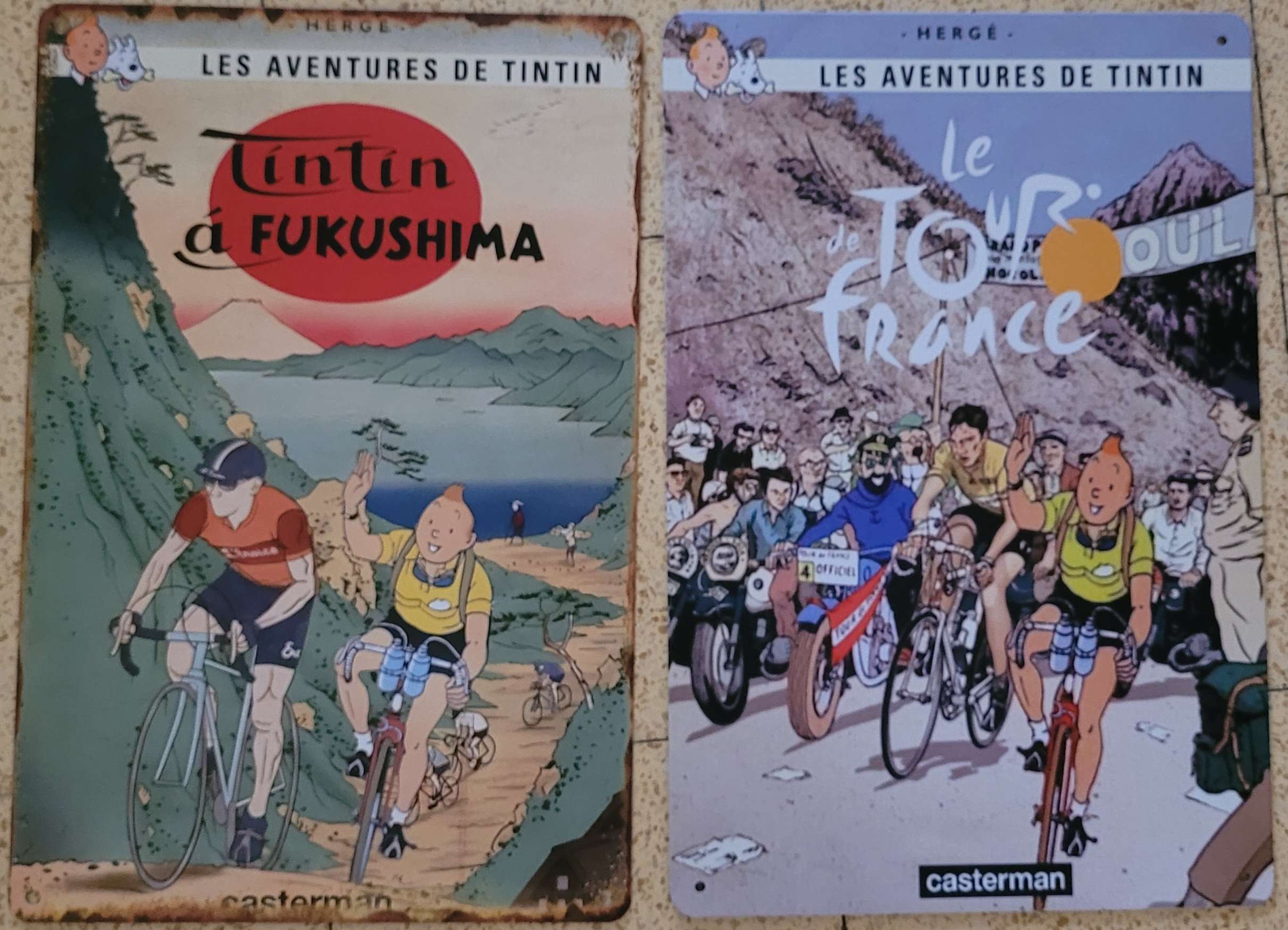 Lot de 2 plaques alu 30 cm x 20 cm parodie de Tintin en vélo Tour de France…